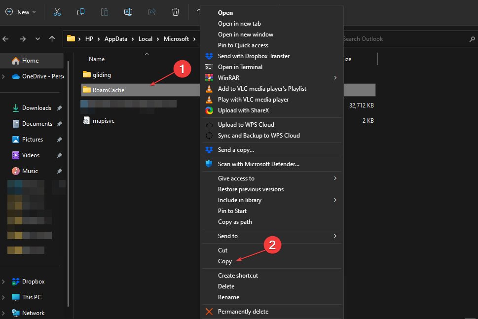 Папка RoamCache в локальных данных Outlook