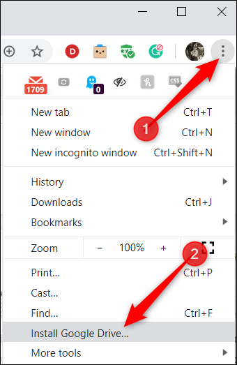 Откройте меню Chrome, затем выберите «Установить Google Drive».