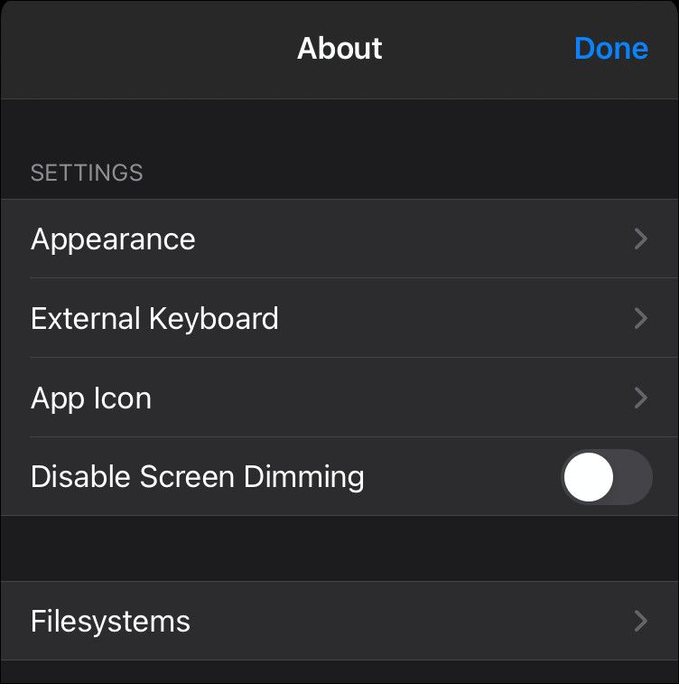 Скриншот: меню настроек iSH
