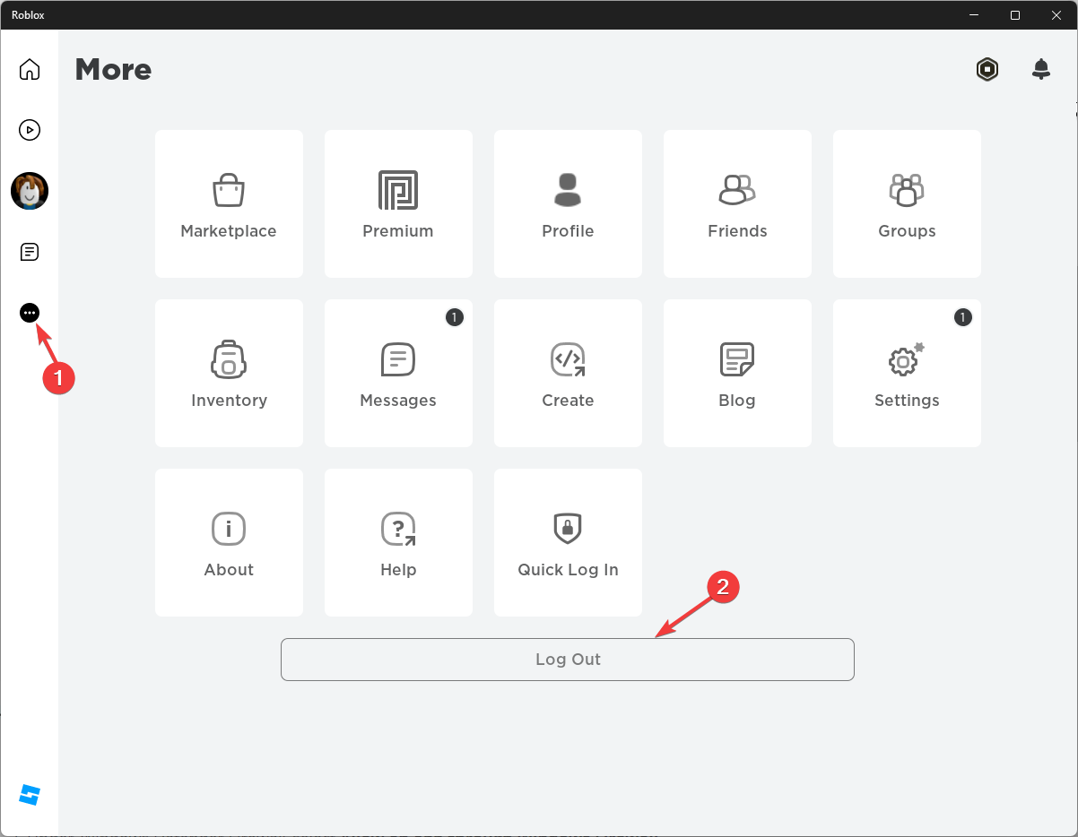 Кнопка выхода в приложении Roblox