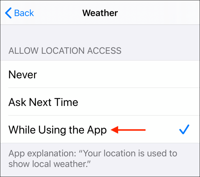 Choose Allow When Using the App option
