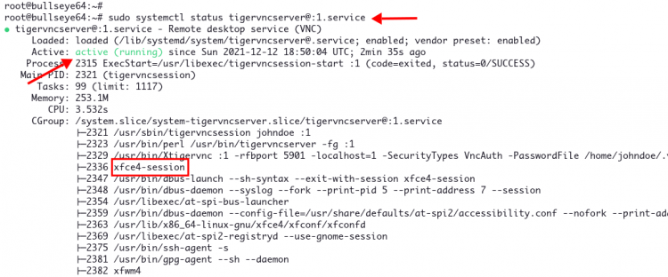 Статус сервиса tigervncserver на дисплее :1