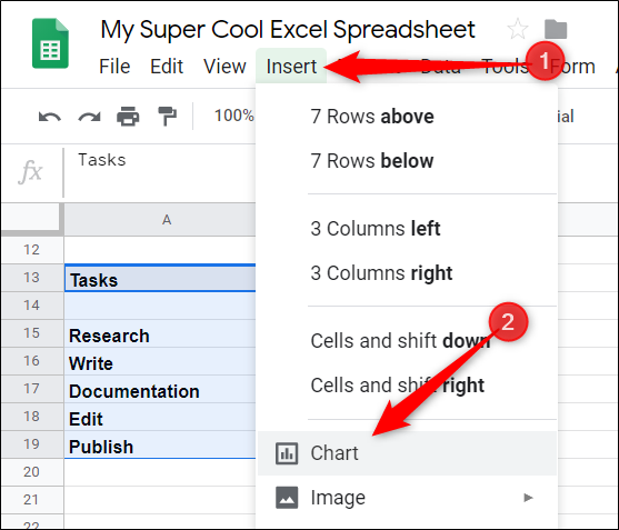 Меню Google Таблиц с пунктом Вставка → Диаграмма