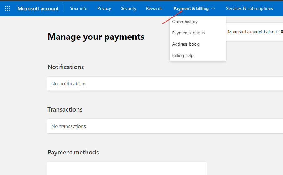 Раздел Платёжная информация в учётной записи Microsoft