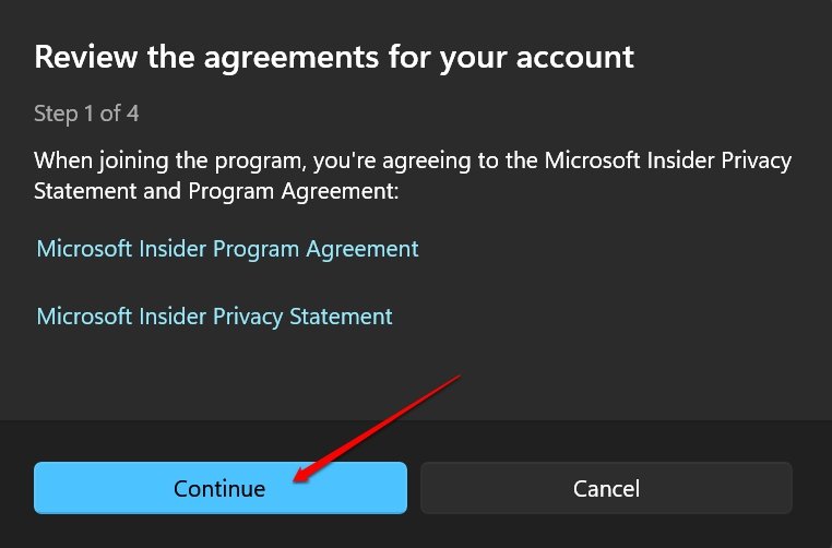 Ознакомление с соглашением Windows Insider