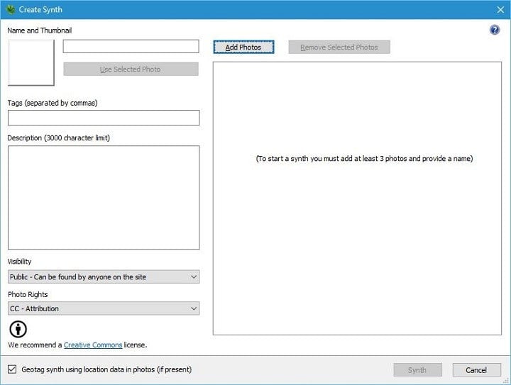 Interfaccia principale di Photosynth per gestione e upload delle immagini