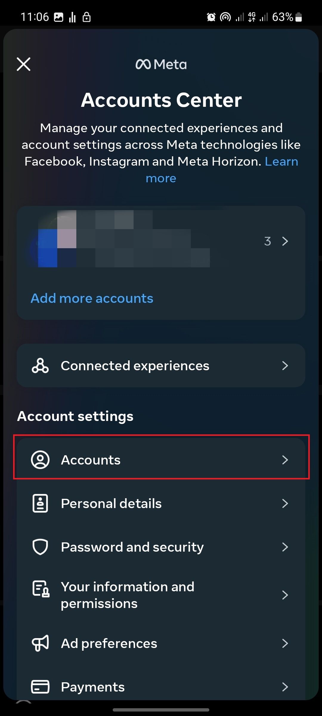 Instagram accounts center screenshot