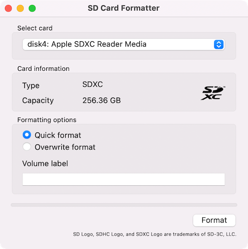 Окно программы SD Association Memory Card Formatter для macOS
