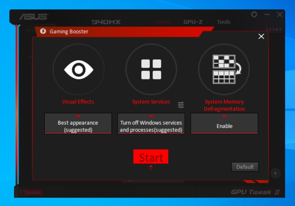 Окно Gaming Booster с разделами Visual Effects, System Services, Memory Defragmentation