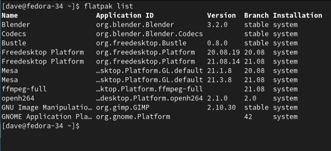 Вывод установленных приложений flatpak.