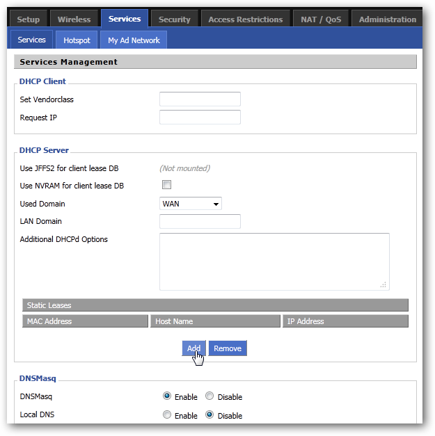 Скриншот списка статических арендуемых адресов и кнопки Add