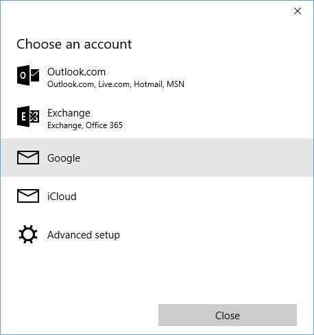 Выбор Google как типа учётной записи