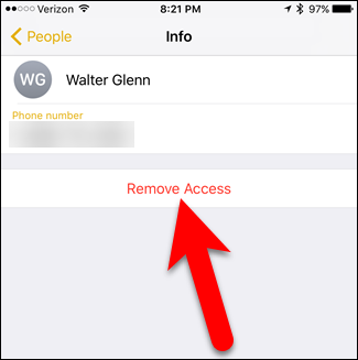 Экран информации о человеке с кнопкой удаления доступа