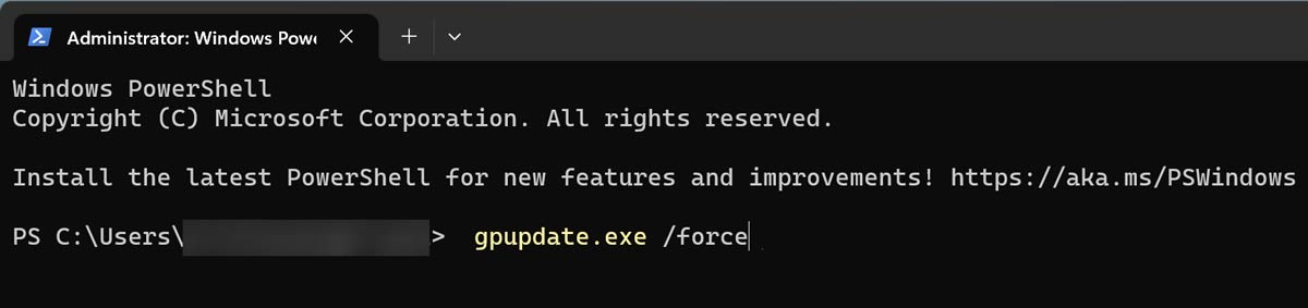 Выполнение команды gpupdate.exe /force в PowerShell