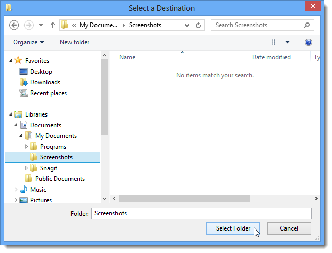 Выбор новой папки для хранения скриншотов