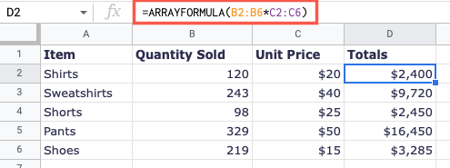 Умножение с ARRAYFORMULA в Google Таблицах