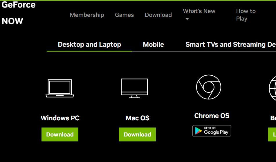 The GeForce Now download option 