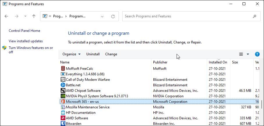 Панель управления Windows, список программ для восстановления Office