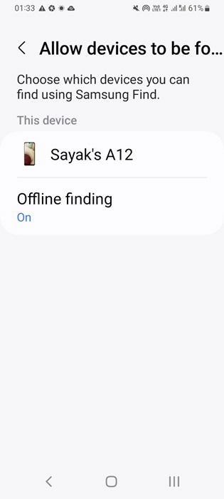 Параметр «Offline finding» включён в Samsung Find на телефоне Galaxy