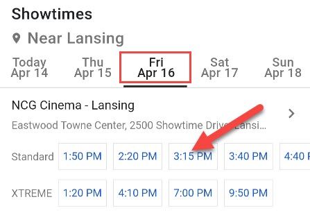 выбор даты и сеанса в списке сеансов