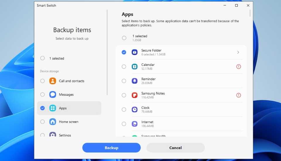Backing up Secure Folder using Smart Switch app on PC