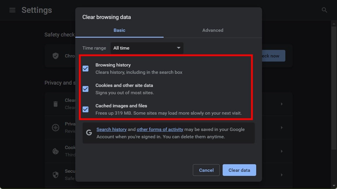 Выбор cookies и кэша в Chrome