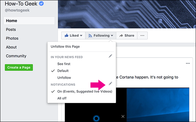 Меню редактирования уведомлений страницы Facebook