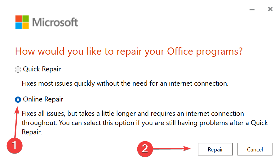 Online repair to fix class not registered vba