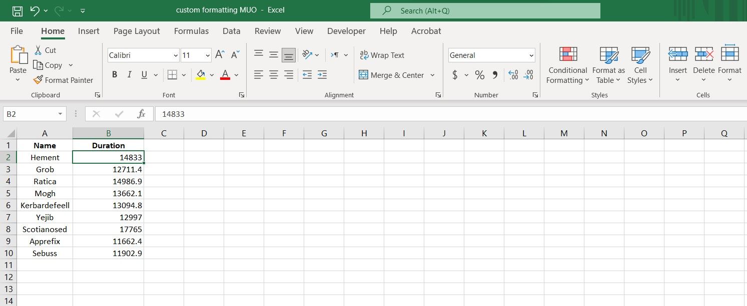 Пример таблицы Excel