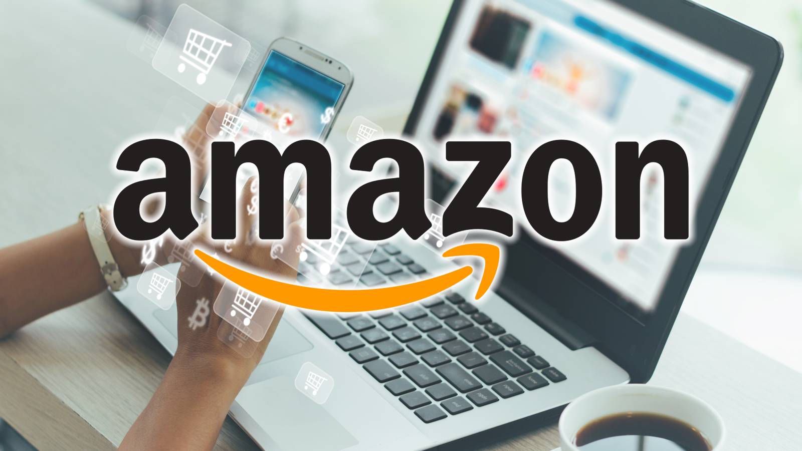 woman shopping on laptop with amazon logo
