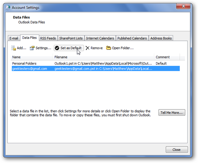 Установка файла данных по умолчанию