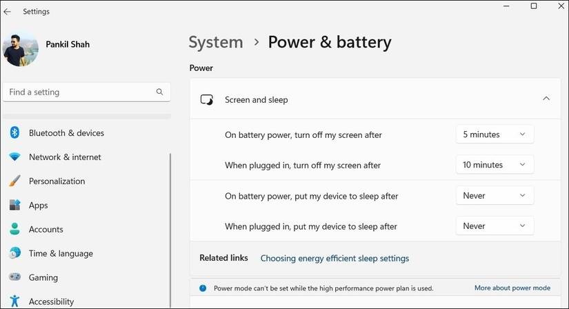 Параметры сна в Windows 11