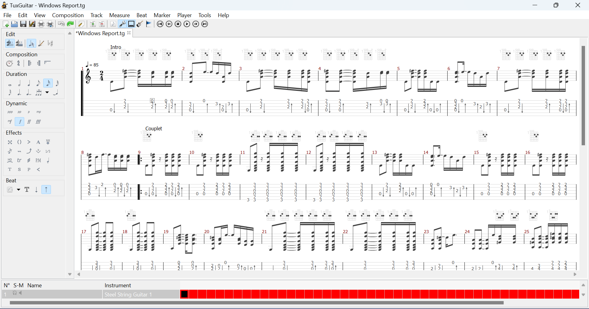 Прослушивание и редактирование табулатуры в TuxGuitar