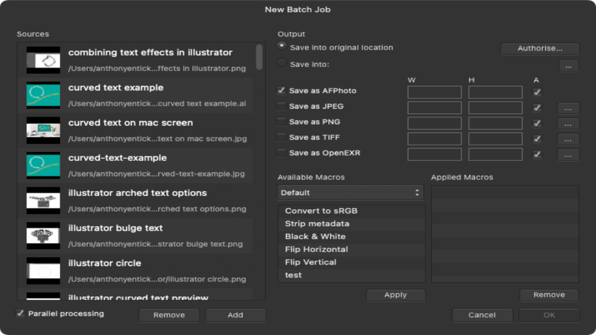 affinity photo batch job panel