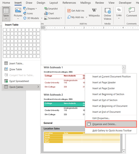 Organize and Delete in the shortcut menu