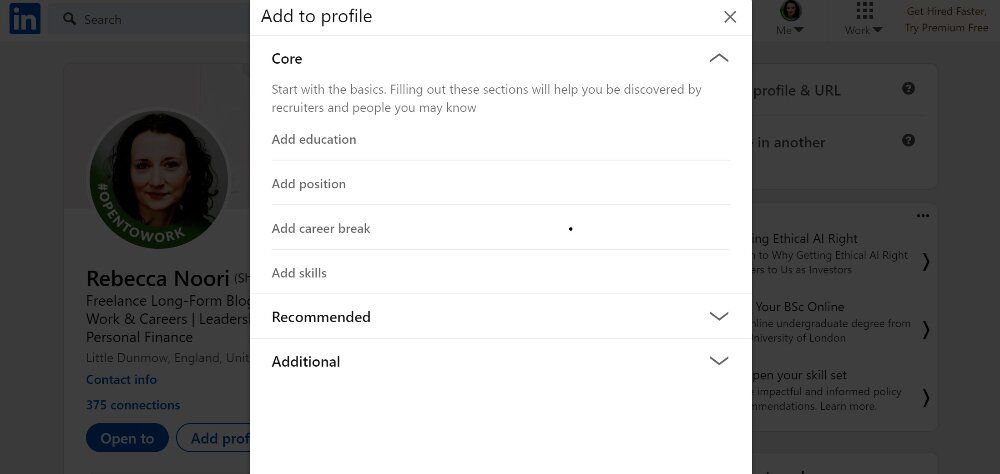 Выбор категории перерыва в LinkedIn