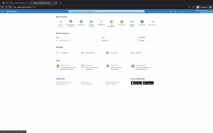Основная панель Azure Portal — меню слева
