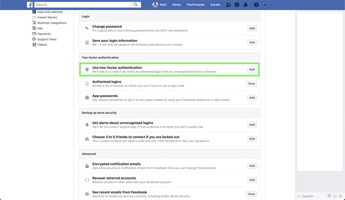 Веб‑интерфейс Facebook — Редактирование двухфакторной аутентификации
