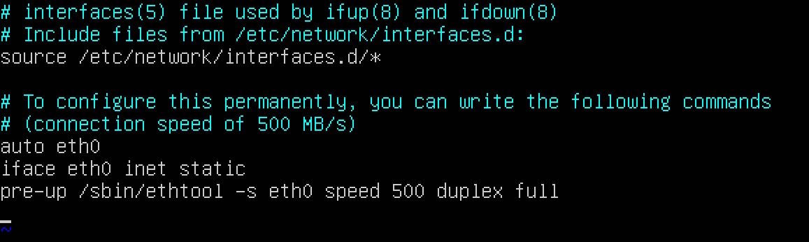 Фрагмент /etc/network/interfaces с pre-up ethtool для eth0