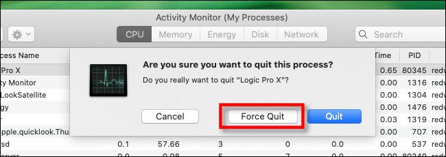Подтвердите 'Force Quit' в Activity Monitor, чтобы принудительно завершить процесс