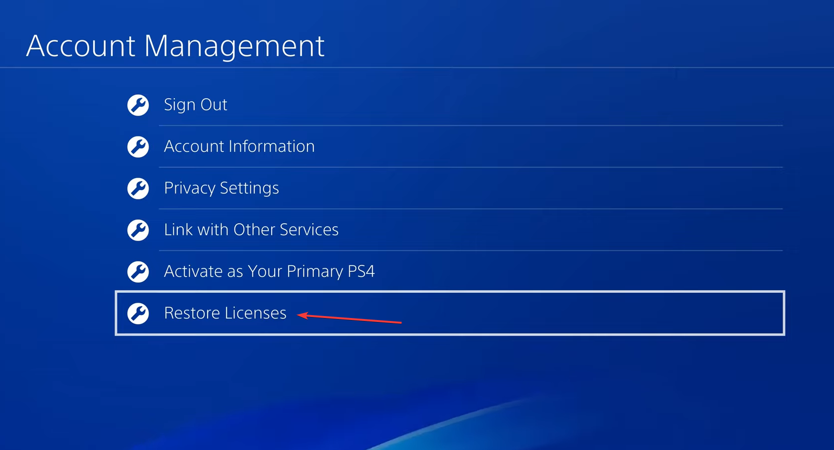 Опция «Восстановить лицензии» в настройках аккаунта PS4