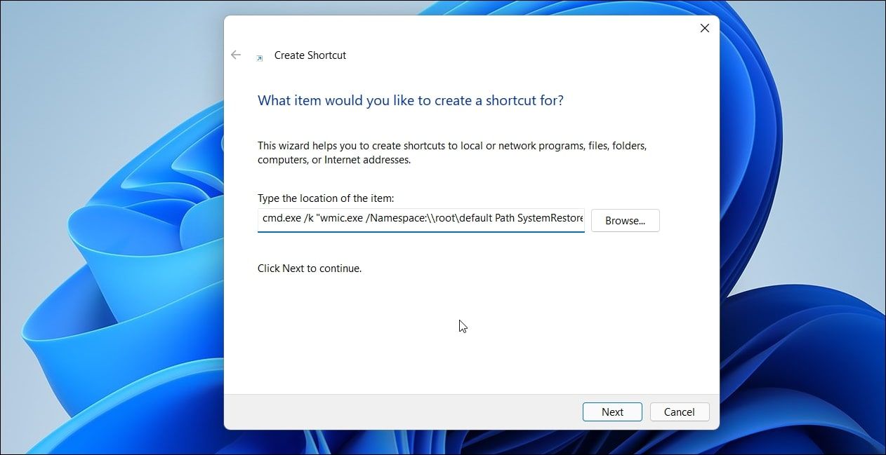 Ярлык для создания точки восстановления на рабочем столе Windows 11