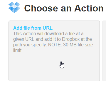 Скриншот настройки действия Dropbox в IFTTT