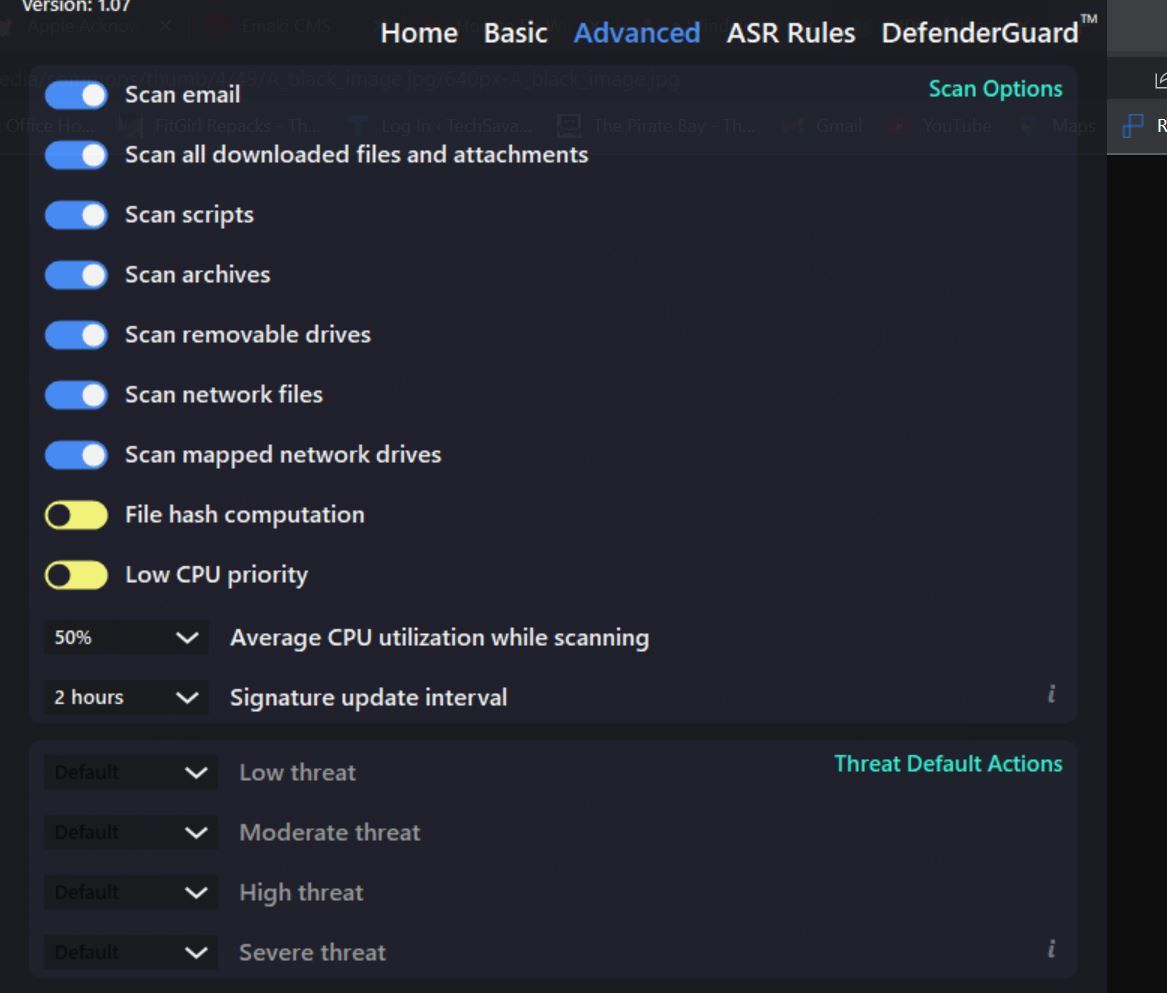 Вкладка Advanced в DefenderUI с опциями производительности