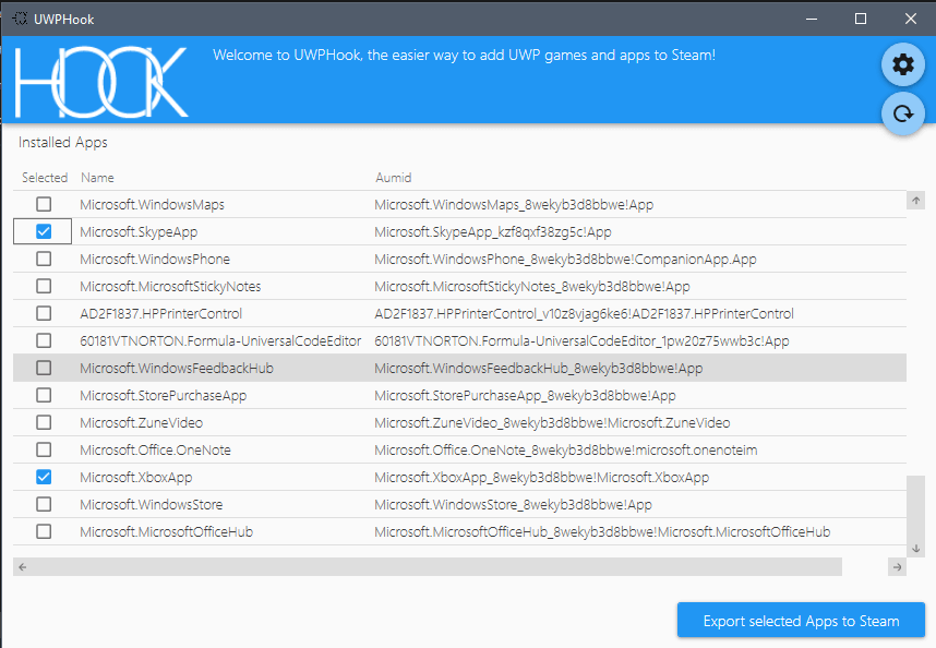 Fenêtre UWPHook listant les applications UWP détectées