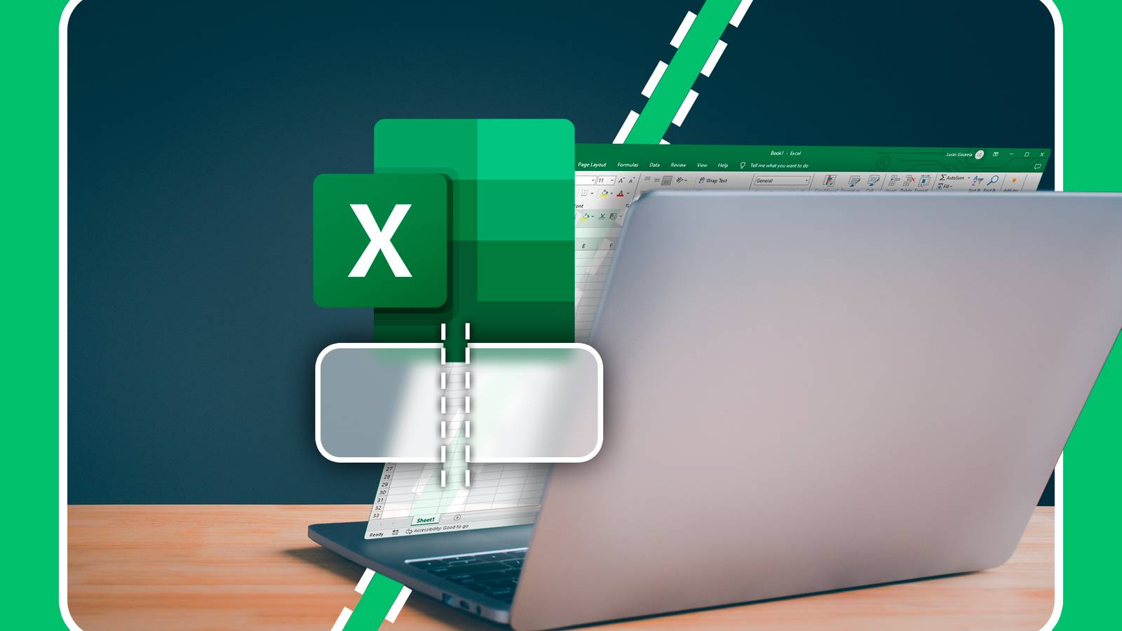 A laptop seen from behind with Excel on the screen, the Excel logo centered, and a split cell below it.