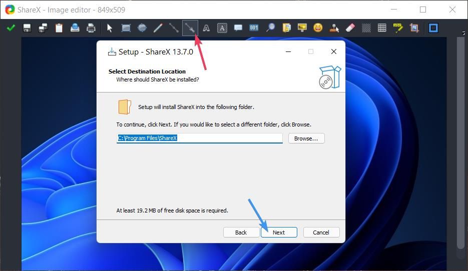 Кнопка стрелки в редакторе ShareX
