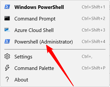 Выбор профиля PowerShell — администратор в списке профилей Windows Terminal.