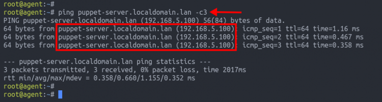 Результат ping с агента до puppet-server.localdomain.lan