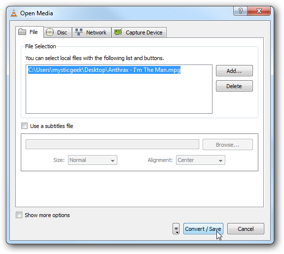 Окно 'Открыть медиа' в VLC